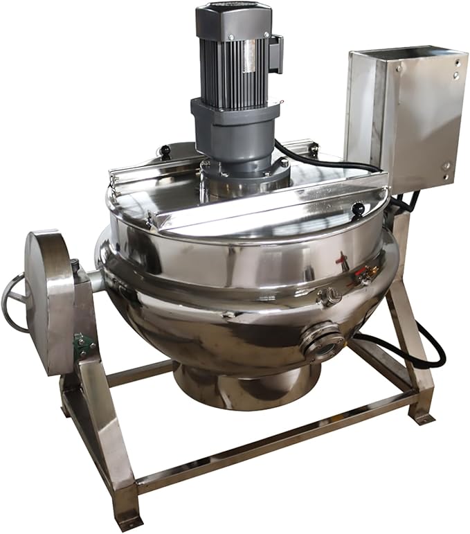 Jacketed Kettle 13.2Gallon/50L Sandwich Pot Large Electronic Tilting Sugar Jam Gas Boiling Machine Commercial Electric Jacketed Pot with Stirring and Edge Scraping 220V Three-phase 750W