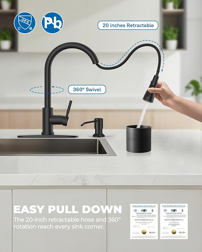WEWE Kitchen Faucet with Soap Dispenser and Pull Down Sprayer, RV Single Handle Classic 3 Modes Stainless Steel Faucet for Kitchen Sink, RV, Matte Black