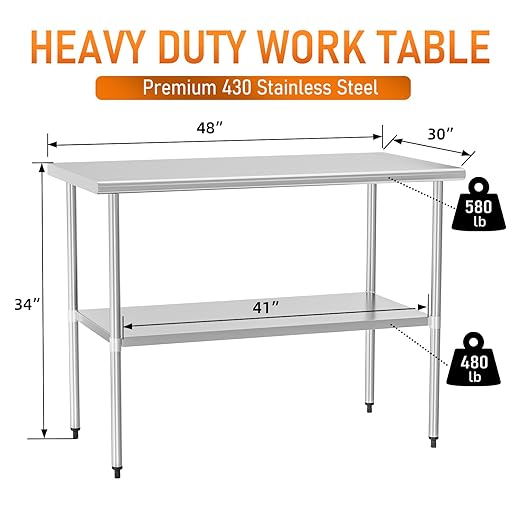 Stainless Steel Table for Food Prep & Work 30 x 48 inches Utility Table with Adjustable Undershelf, Commercial Workstation in Kitchen, Garage, Outdoor BBQ