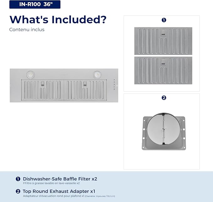 Hauslane Range Hood Insert 36 Inch, Hood Vent for Kitchen | Low Noise Performance, Professional-Grade Baffle Filters, LED Lamps, Stainless Steel Ductless Range Hood, Kitchen Vent Hood 11.25” Deep