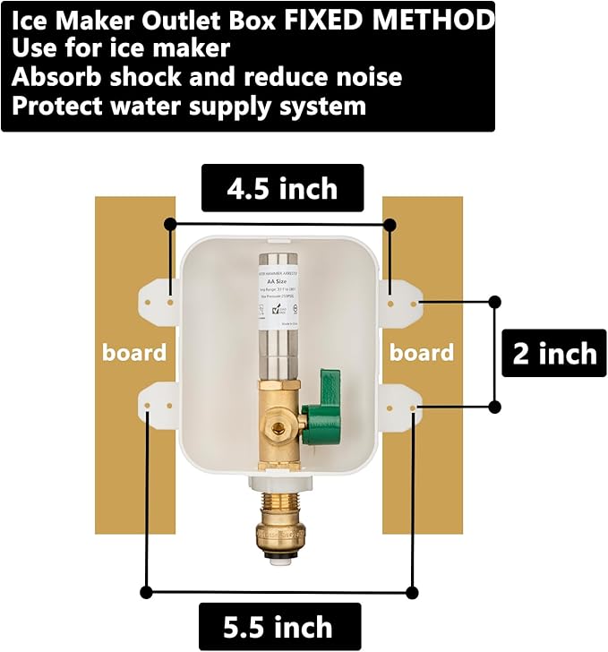 (1 Pack) Lidertik 1/2 inch Push-to-Connect Pre-Assembled Ice Maker Outlet Box Valve 1/4 inch Recessed Refrigerator Water Line Wall Box with Shut Off Valve and Stainless Steel Hammer Arrestor 611-LK