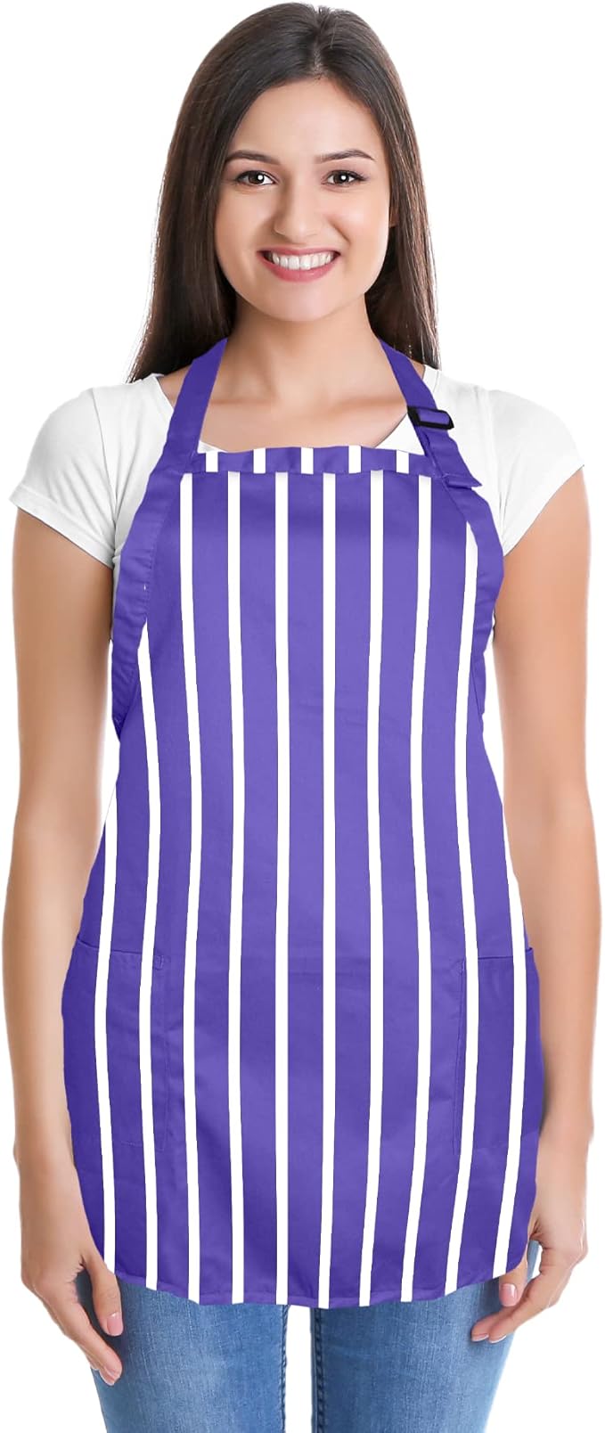 DALIX Apron Commercial Restaurant Home Bib Spun Poly Cotton Kitchen Aprons (2 Pockets) (12, Pinstripe Purple/White)