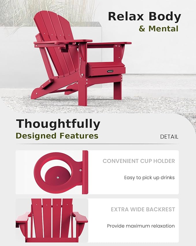 MUCHENGHY Folding Adirondack Chairs Set of 4, Patio Chairs, Lawn Chairs, Outdoor Chairs, Adirondack Chair Plastic, Fire Pit Chairs, Weather Resistant with Cup Holder for Deck, Backyard, Garden(Red)