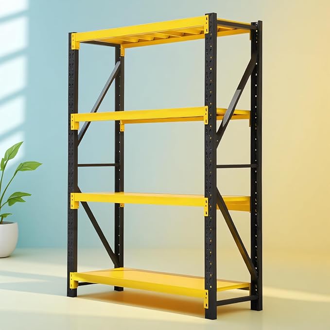 Storage Shelves Heavy Duty, Metal Garage Shelving Units, 4 Tier Storage Rack Shelf, Steel Industrial Shelving, Adjustable Standing Shelf for Basement/Warehouse Yellow and Black, W47.24*D19.69*H78.74