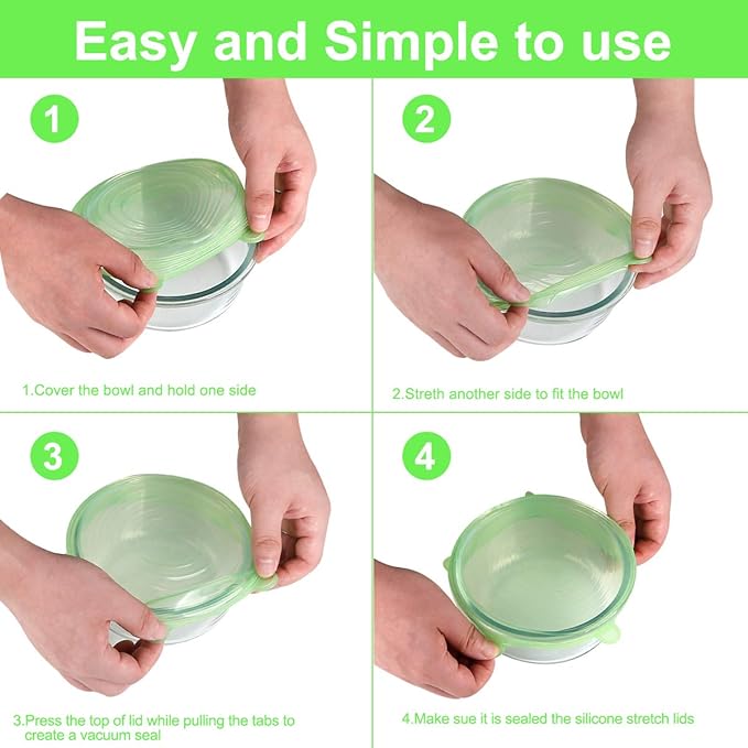Silicone Stretch Lids for Food Storage in Fridge, 12 Pack Silicone Lids, Reusable Food Grade Silicone Bowl Covers for Cups, Bowls and Dish, 6 Sizes Round and Rectangle Shape