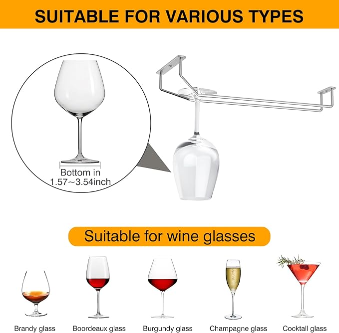 14-Inch Under Cabinet Wine Glass Holder - Metal Stemware Hanger, Single Rail Wine Glass Hanging Rack for Kitchen Bar - Set of 3