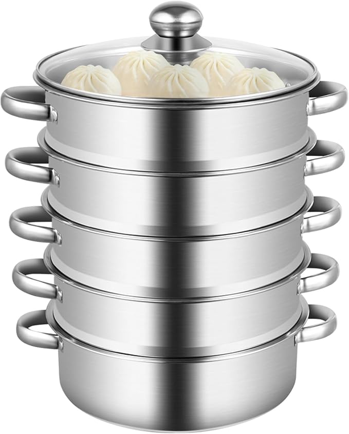 5-Tier Food Steamer Pot for Cooking, Stainless Steel Steamer Pot with Clear Lid, Stackable Steaming Pots Steam Cooker Cookware for Dumpling Seafood, Compatible with Gas/induction Stove (10.23in Diameter)