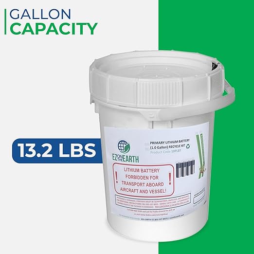 Primary Lithium Battery Recycling Container - 1 Gallon, Battery Disposal Bin with Lid That Holds up to 13.2 lbs Batteries - Recycling Pail with Cardboard Box