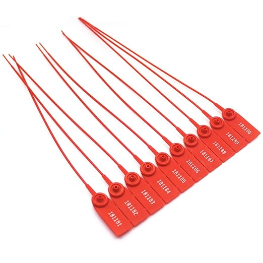 Middle Duty Security Plastic Seal with Metal Insert,Tags for Transportation Security,11 inch Length,Numbered,Red Color Package of 100.