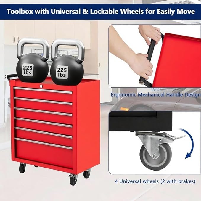 IDEALHOUSE Rolling Tool Chest, 6 Drawers Tool Storage Cabinet, Toolbox with Wheels, Portable Tool Cabinet Organizer with Locking System & Drawer Liners, Tool Storage Cart for Garage, Workshop, Red