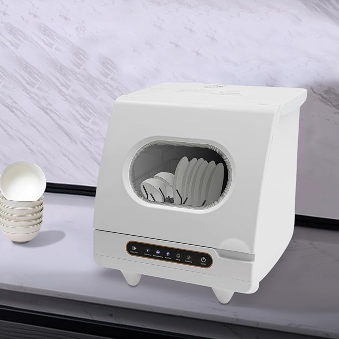 Portable Countertop Dishwasher, Compact Dishwasher, Mini Dishwasher with 5-Liter Built-in Water Tank for Apartments & RVs, Dorms and RVs,High-Temp& Air-Dry Function, No Hookup Needed,White