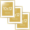 Homeforia 10x12 Picture Frame Gold, High End Metal 10x12 Poster Frames with Mat for 8x10, 10 x 12 Gold Frame Matted to 8 x 10 inch Photo, 10by12 Thin Hanging Frames, Tempered Glass, Wall Kit, Set of 3