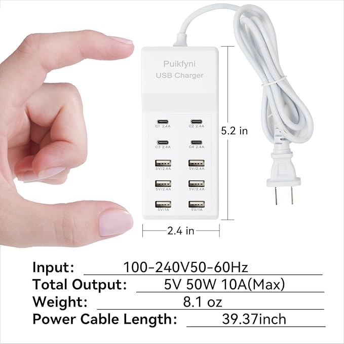Portable USB C Charging Station,4 -C- Ports, USB Charging hub 10-Ports/USB c Charger Block for Multiple Devices Phones Tablet Smartwatch Headphones Speakers (USB-4C+6A)