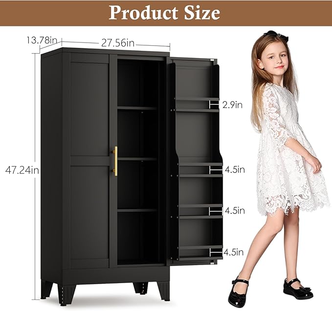 Metal Kitchen Pantry Cabinet, Storage Cabinets with 2 Door and 3 Adjustable Shelves, Black Freestanding Food Storage Cabinet, Steel Cupboard for Kitchen Dinning Room