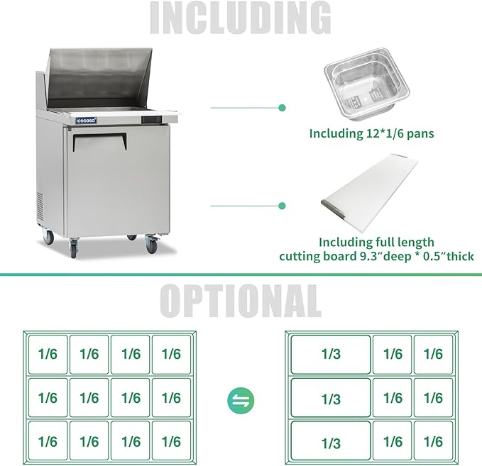 ICECASA 27" W Commercial Refrigerator Sandwich&Salad Prep Table Mega Top single Door Stainless Steel Counter Fan Cooling Refrigerator with 12 pans-27 Inches for Restaurant, Bar, Shop, etc