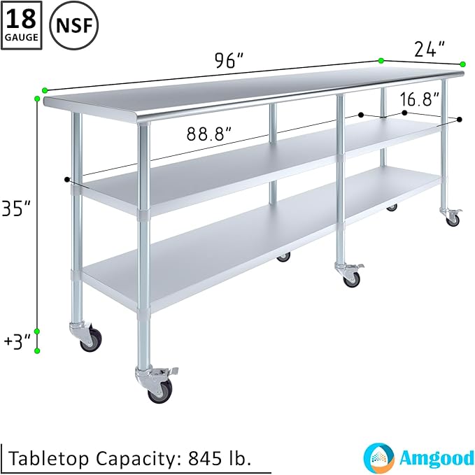 AmGood Stainless Steel Work Table with 2 Shelves and Casters | Metal Utility Table On Wheels (Stainless Steel, 96" Long x 24" Deep)