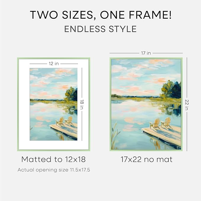 Homeforia 17x22 Picture Frame Sage Green, High End Metal 17x22 Poster Frames with Mat 12x18 Photo, 17 x 22 Sage Green Frame Matted to 12 by 18 Art, 22x17 Thin Frame, Tempered Glass, Wall Kit, Set of 1