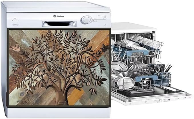 Stainless Steel Tree of Life Dishwasher Cover for Front, Wooden Door Refrigerator Cover Skin Decor, Birds Dishwasher Panel Decal, Ordinary 23" x 17"