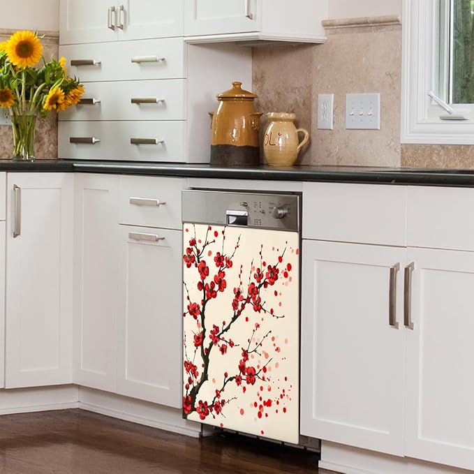 Dishwasher Magnet Cover Red Japanese Cherry Blossom Flower Reusable Dishwasher Magnetic Cover Sticker Decorative Dish Washer Door Cover Panel for Home Kitcen Appliance