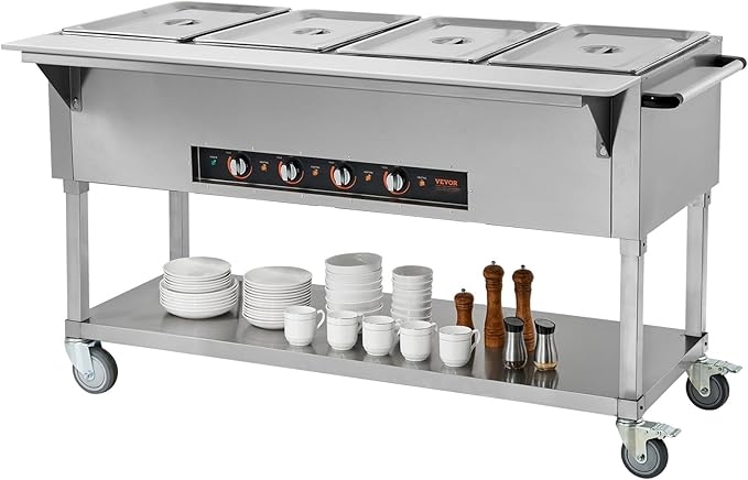 VEVOR Commercial Food Warmer, 2000W Electric Steam Table with 4 x 20.6QT Pans, Versatile Food-Grade Stainless Steel Server with Countertop & Shelf, Movable Buffet Catering Warmer for Party Restaurant