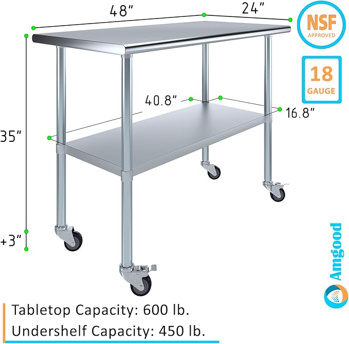 AmGood 48" Long x 24" Deep Stainless Steel Table with Casters