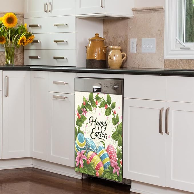 Happy Easter Eggs Flower Greens Dishwasher Magnet Cover, Reusable Refrigerator Panel Stickers Microwave Front Door Covers Magnets for Kitchen Home Appliances Holiday Party Decorations 23 X 26 in