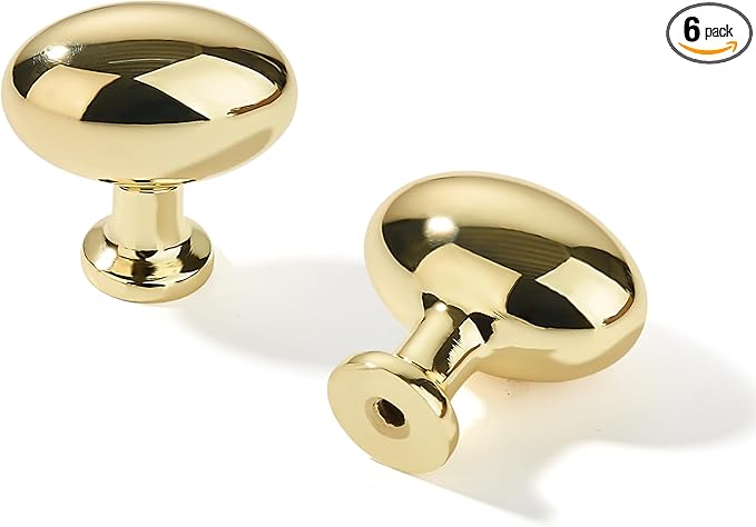 khtumeware 6 Pack 1-3/8 inch(35mm) Polished Brass Cabinet Knobs Dresser Knobs Oval Unlacquered Brass Drawer Knobs Kitchen Cabinet Hardware Egg Knobs for Dresser Drawers