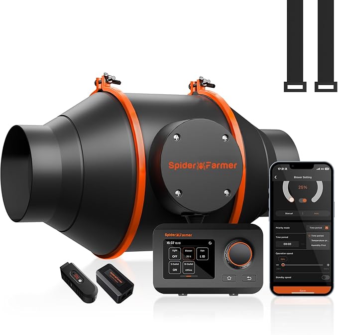 Spider Farmer 4 Inch Smart Inline Duct Fan with GGS Temperature Humidity Controller, Integrated App Control, 205 CFM Ventilation Exhaust Fan for Heating Cooling Booster, Grow Tents, Hydroponics