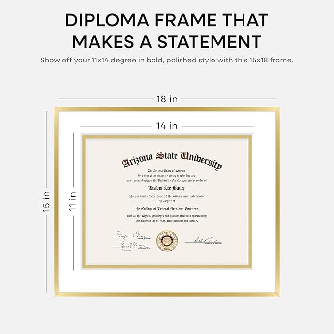 Homeforia 15x18 Diploma Frame Gold, High End Metal 15 x 18 Gold Certificate Frame with Mat 11 x 14, 18by15 Document Frames Matted to 11x14, Graduation Degree Frames, Tempered Glass, Wall Kit, Set of 1