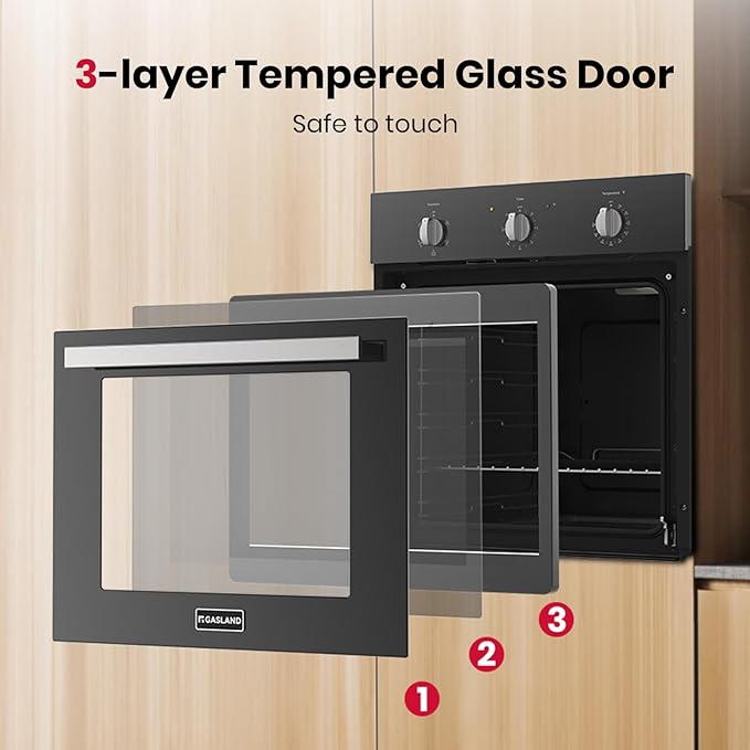24 Inch Electric Wall Oven, GASLAND Built-in Oven with 2.79 Cu.ft Capacity, 5 Working Functions, Ergonomic knob, Removavle Triple-Layer Glass Door, 2200W Black Single Wall Oven, ETL Certified