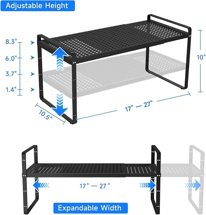 Expandable Cabinet Shelf Organizers, Kitchen Small Stand Rack Organization for Countertop Cupborad Pantry, Black 1 Pack