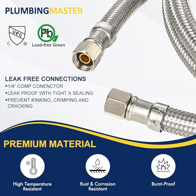 15FT Stainless Steel Braided Ice Maker Supply Line – 1/4″ Compression x 1/4″ Compression Fittings, Lead‑Free, Burst‑Proof, Universal Fit, NSF/UPC Certified, 10‑Year Warranty