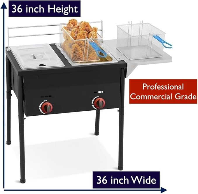 Two Tank Propane Deep Fryer-2 Basket Stainless Steel Cooker-Fry Fish/Chicken Outdoor-4 Gal. Oil Capacity-with 2 Thermometers and Regulator