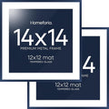 Homeforia 14x14 Picture Frame Navy Blue, High End Metal 14 x 14 Square Poster Frame with Mat 12 x 12 Photo, 14x14 Frame Matted to 12x12 Print, 14by14 Hanging Frames, Tempered Glass, Wall Kit, Set of 2