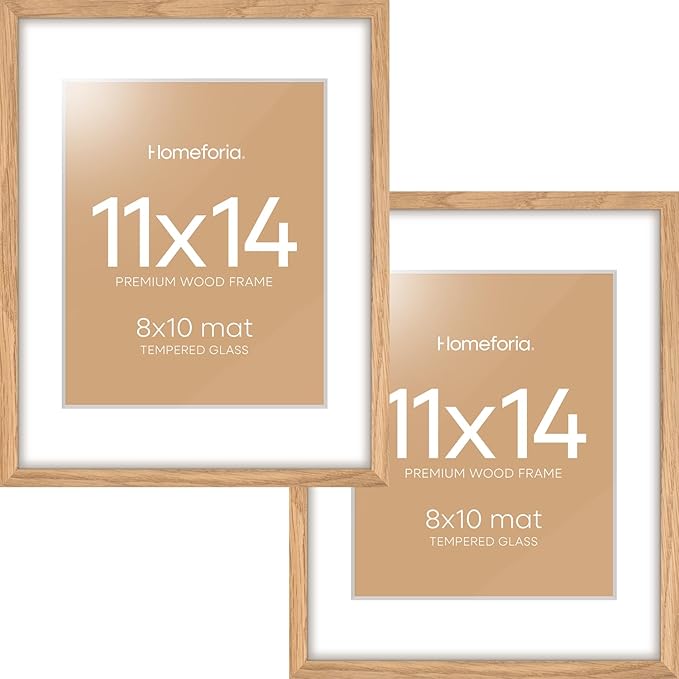 Homeforia 11x14 Picture Frame Wood, High End Natural Oak 11x14 Light Wooden Poster Frames with Mat 8x10, 11 x 14 Frames Matted to 8 x 10 Photo, 14x11 Hanging Frames, Tempered Glass, Wall Kit, Set of 2