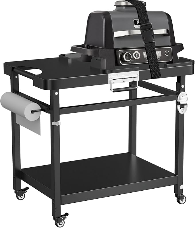 LS'BABQ Grill Stand for Ninja Woodfire Outdoor Smoker Pizza Oven Accessories, Foldable Cart Table With Wheels for Ninja XSKUNSTAND OG700 OG800 OG900 OO101 Series, Black