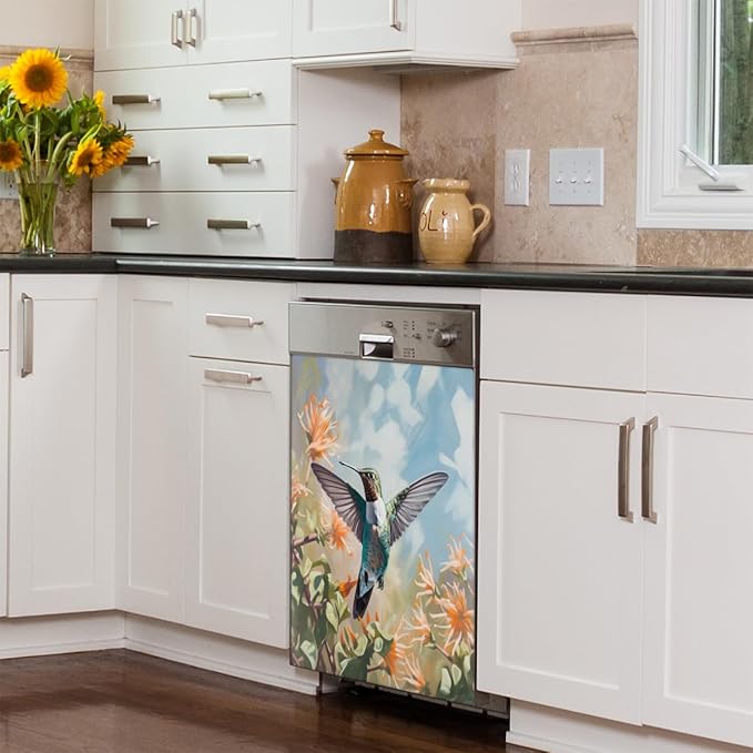 Dishwasher Magnet Cover Flower Hummingbird Refrigerator Covers Magnetic Sheet Sticker Farmhouse Kitchen Decorative Home Cabinet Decals Appliances Stickers, 23x26 inch