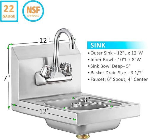 12" x 12" Stainless Steel Wall Mount Hand Sink with Gooseneck Faucet – NSF Certified | Compact Commercial Use
