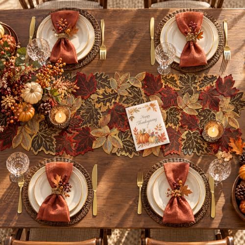 Embroidered Fall Table Runner 13.7 × 86.6 in, Thanksgiving Table Decor