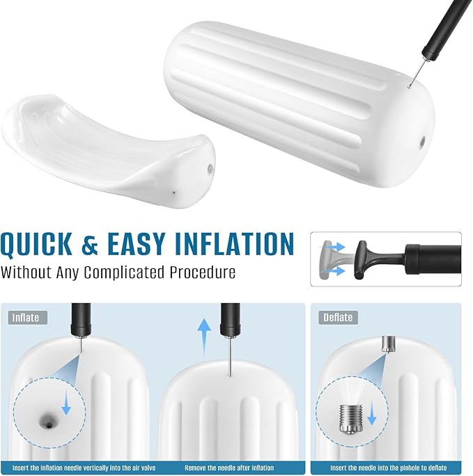Boat Fenders 4 Pack 10 x 28 Inches Ribbed Center Hole Boat Fenders Bumpers for Docking, Comes with 4 Lines and Pump to Inflate