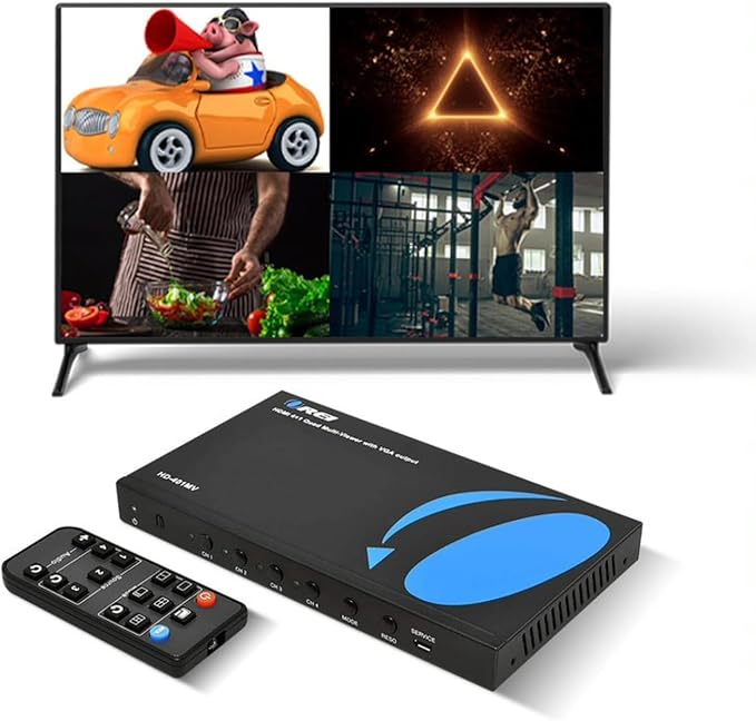 Quad Multi Viewer 4 in 1 Out by OREI HDMI Switcher 4 Ports Seamless Switcher and IR Remote Support 1080P for PS4/PC/DVD/Security Camera, HDMI Switch VGA Output - HD-401MV