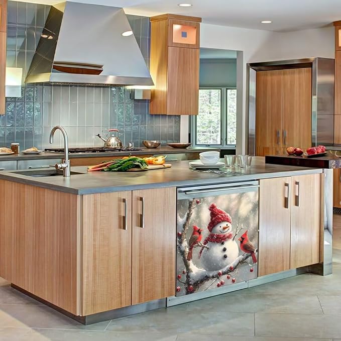 Christmas Snowman Dishwasher Magnetic Cover Front Door Stickers Cardinal Bird Dishwasher Magnet Covers Kitchen Fridge Decals Xmas Decoration Kitchen Cabinet Sticker, Magnetic 23" x 17"