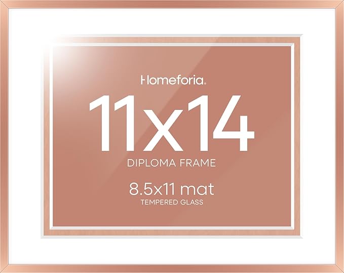 Homeforia 11x14 Diploma Frame Rose Gold, High End Metal 11 x 14 Certificate Frames with Mat 8.5x11, 14x11 Document Frame Matted to 8.5 x 11, Award Graduation Frames, Tempered Glass, Wall Kit, Set of 1
