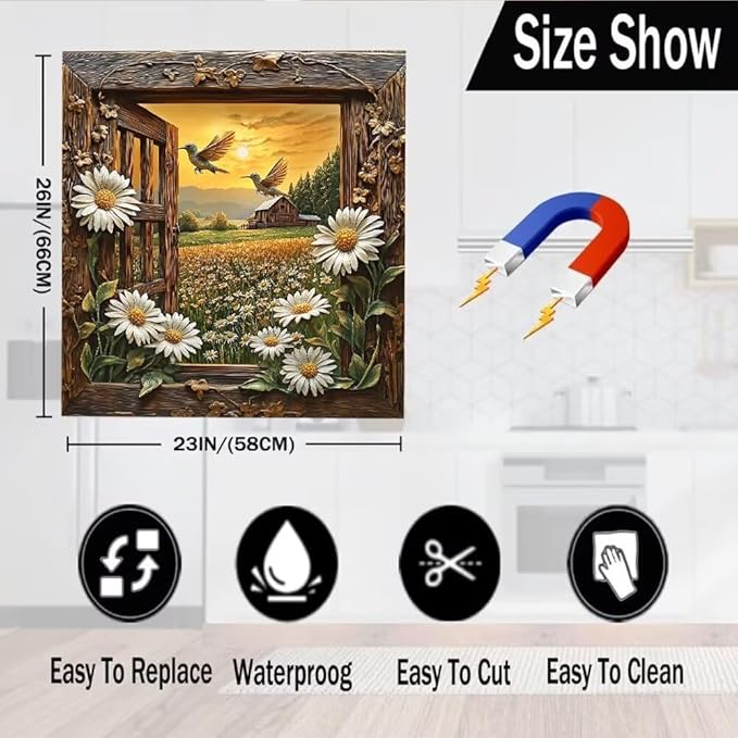 Daisy Floral Farmhouse Scene Magnetic Dishwasher Cover Vinyl Sticker,Vintage Wooden Dishwasher Magnet Cover, Hummingbirds Fridge Door Cover Magnets Art Skin Panel Decal for Home Decor, 23"X26"