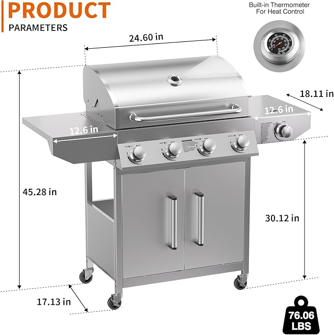 SKOK 4-Burner Propane Gas BBQ Grill with Side Burner & Porcelain-Enameled Grilling Grates,Stainless Steel Grill with 544 Sq. In. Grilling Area for Outdoor Cooking,58,000 BTU Output
