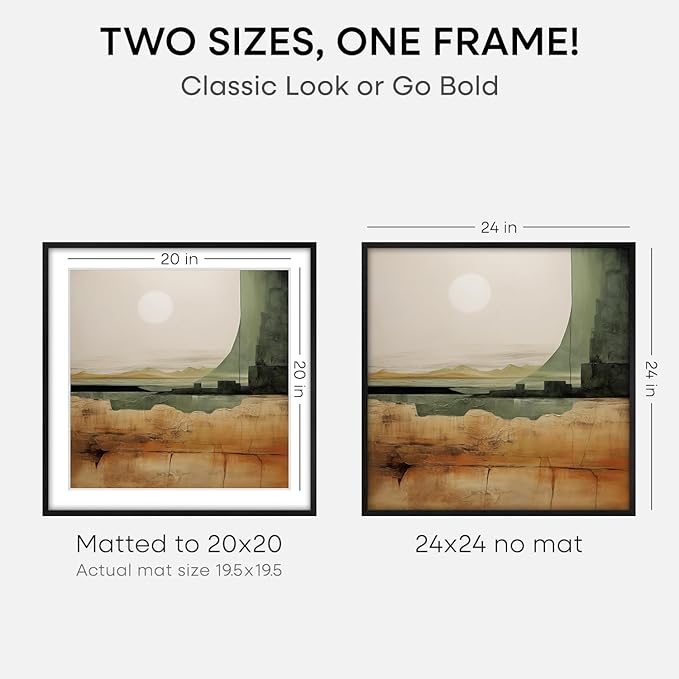 Homeforia 24x24 Black Wood Frame, High End Oak 24 x 24 Square Picture Frames with Mat 20 by 20 inches Photo, 24by24 Black Wooden Poster Frames Matted to 20x20 Print, Tempered Glass, Wall Kit, Set of 2