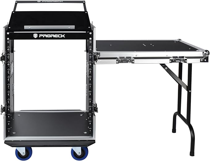 PRORECK 14U Rack/Road Case With Slant Mixer Top, One Side table And Casters, 20'' Rackable Depth, Plywood, 14U Installation Size, Pro Stage Performance.