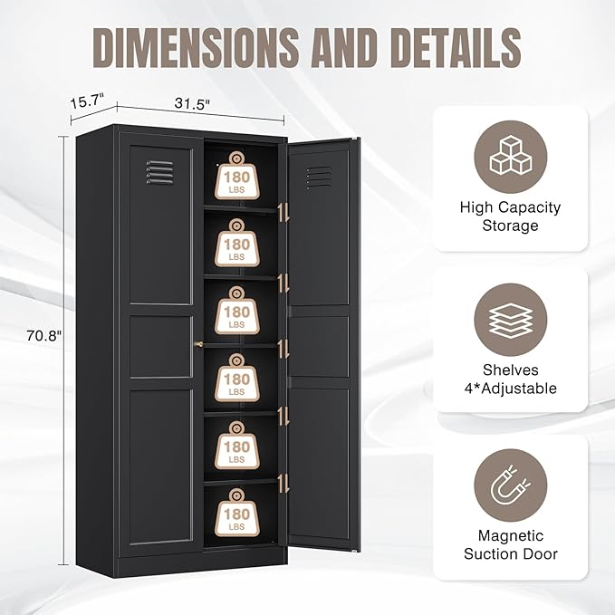 Yizosh Metal Storage Cabinet with 2 Doors and 5 Adjustable Shelves - 71" Black Kitchen Pantry Storage Cabinet, 5-Tier Tall Steel Cabinet Locker for Kitchen, Living Room, Dining Room