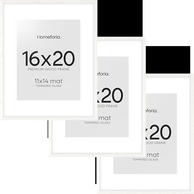 Homeforia 16x20 White Picture Frame, High End Oak 16x20 White Wood Frame with Mat 11x14 Photo, 16 x 20 Wooden Poster Frames Matted to 11 by 14, 20x16 Hanging Frames, Tempered Glass, Wall Kit, Set of 3