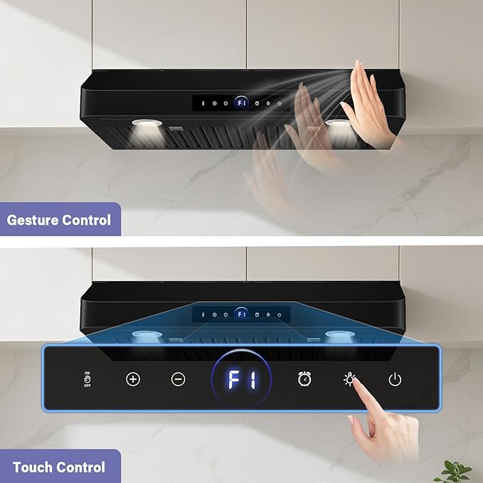 30 Inch Under Cabinet Range Hood,1200CFM Vent Hood with Powerful Suction,4-Speed Exhaust Fan,Stainless Steel Ducted Kitchen Hood Extractor with Led Lights,Smart Touch Panel,15S-E30BK